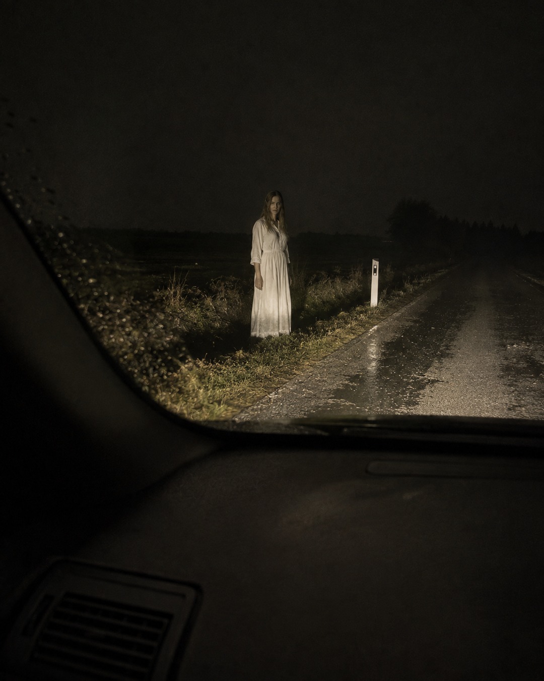 Editorial illustration of a woman-in-white apparition standing close beside a wet rural road.