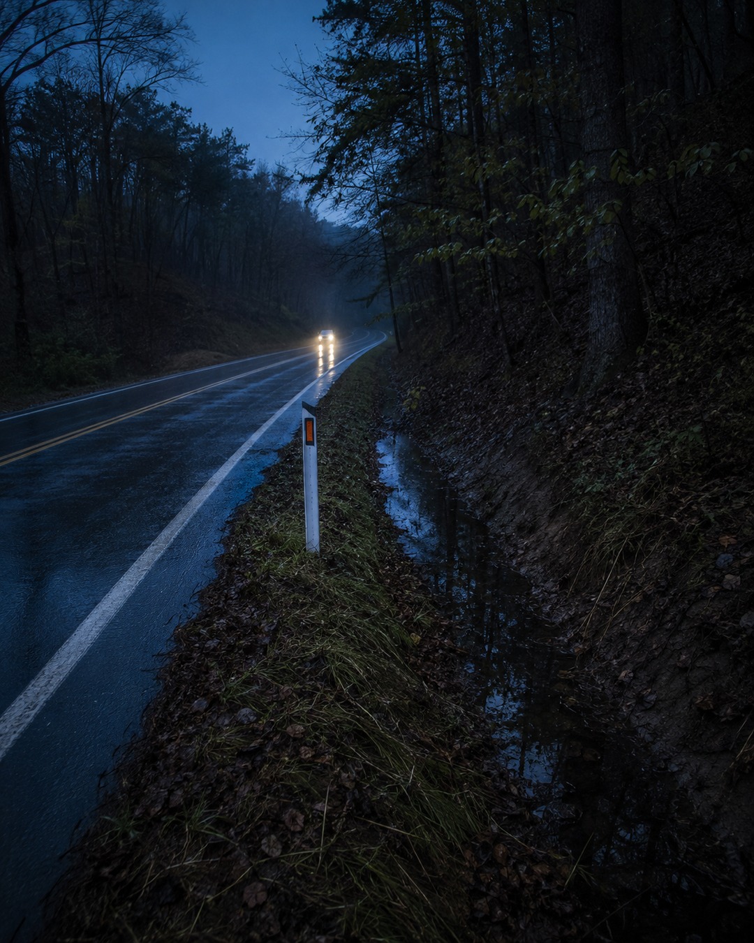 Editorial illustration of an empty roadside ditch and curve where a woman-in-white report might begin.