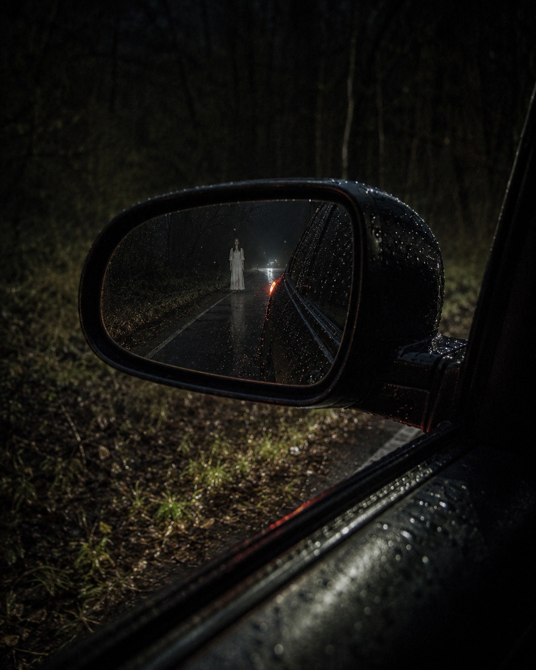 Editorial illustration of a pale woman apparition seen in the side mirror beside an otherwise empty road.