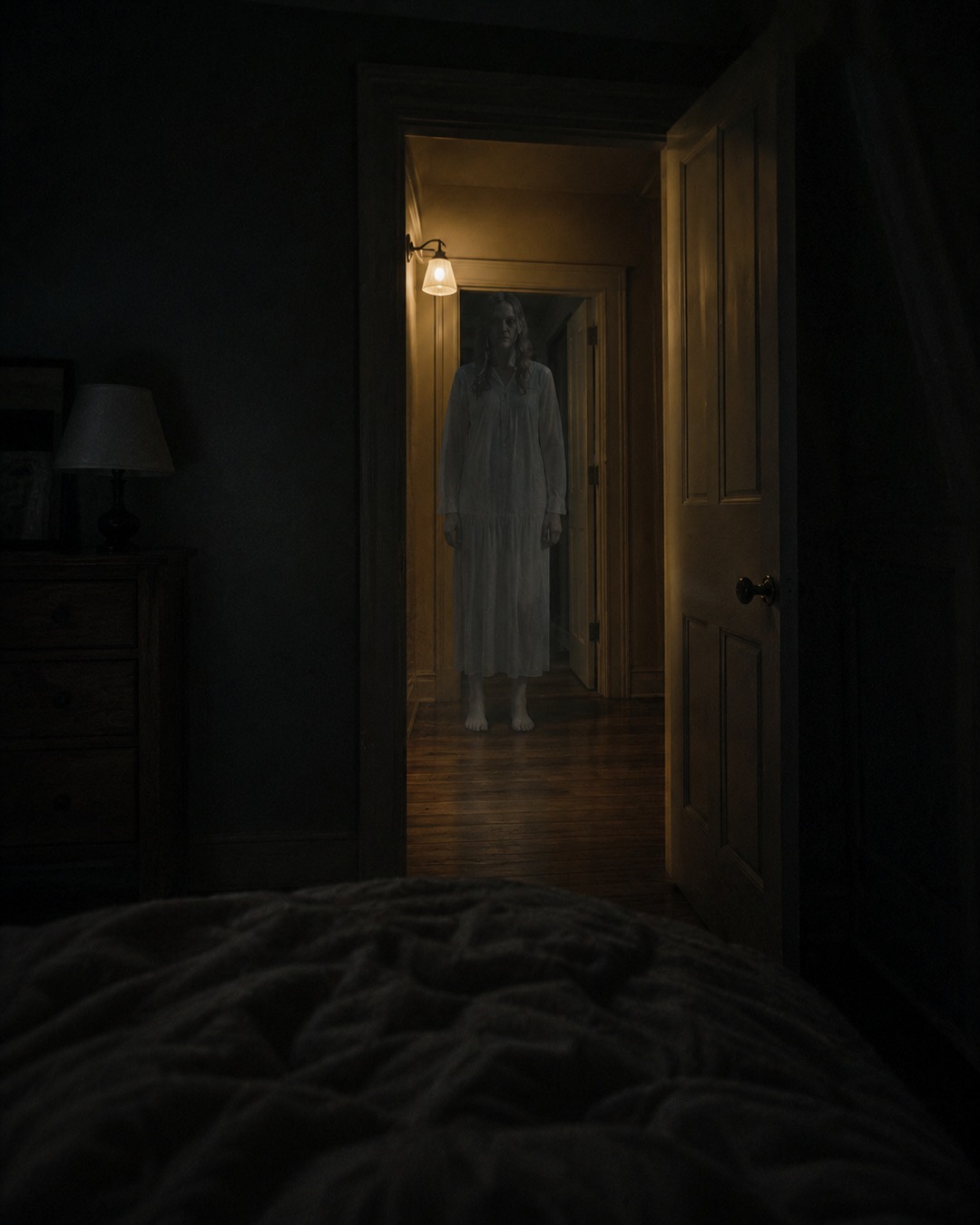 Editorial illustration of a pale apparition standing near a bedroom doorway while the listener sits in bed.
