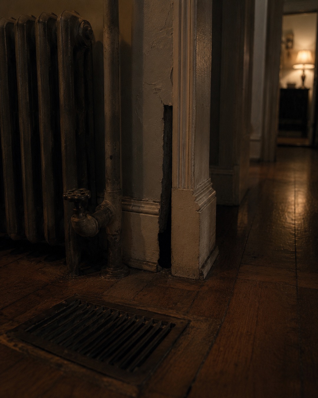Editorial illustration of pipes, vents and old floorboards in a dim house interior.
