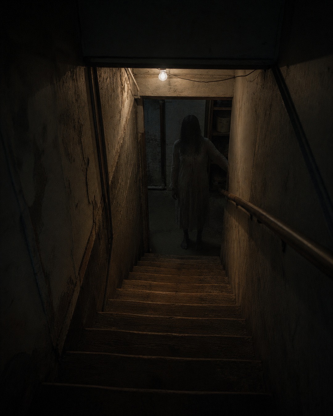 Editorial illustration of dark basement stairs with a human-like shadow near the landing.
