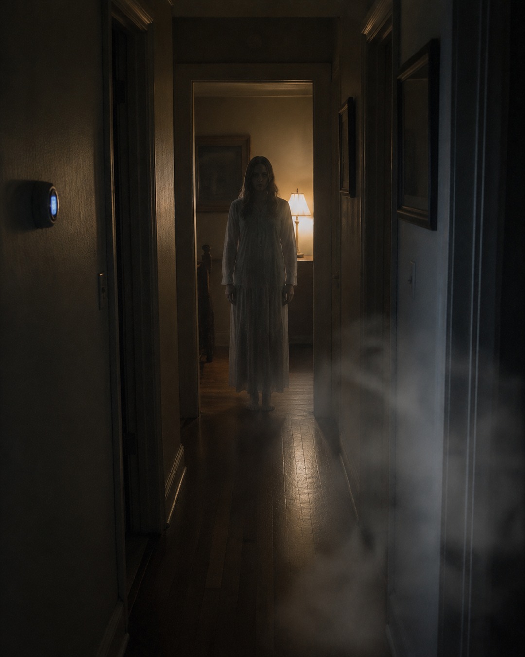 Editorial illustration of a pale apparition standing in a cold patch of breath-fogged hallway air.
