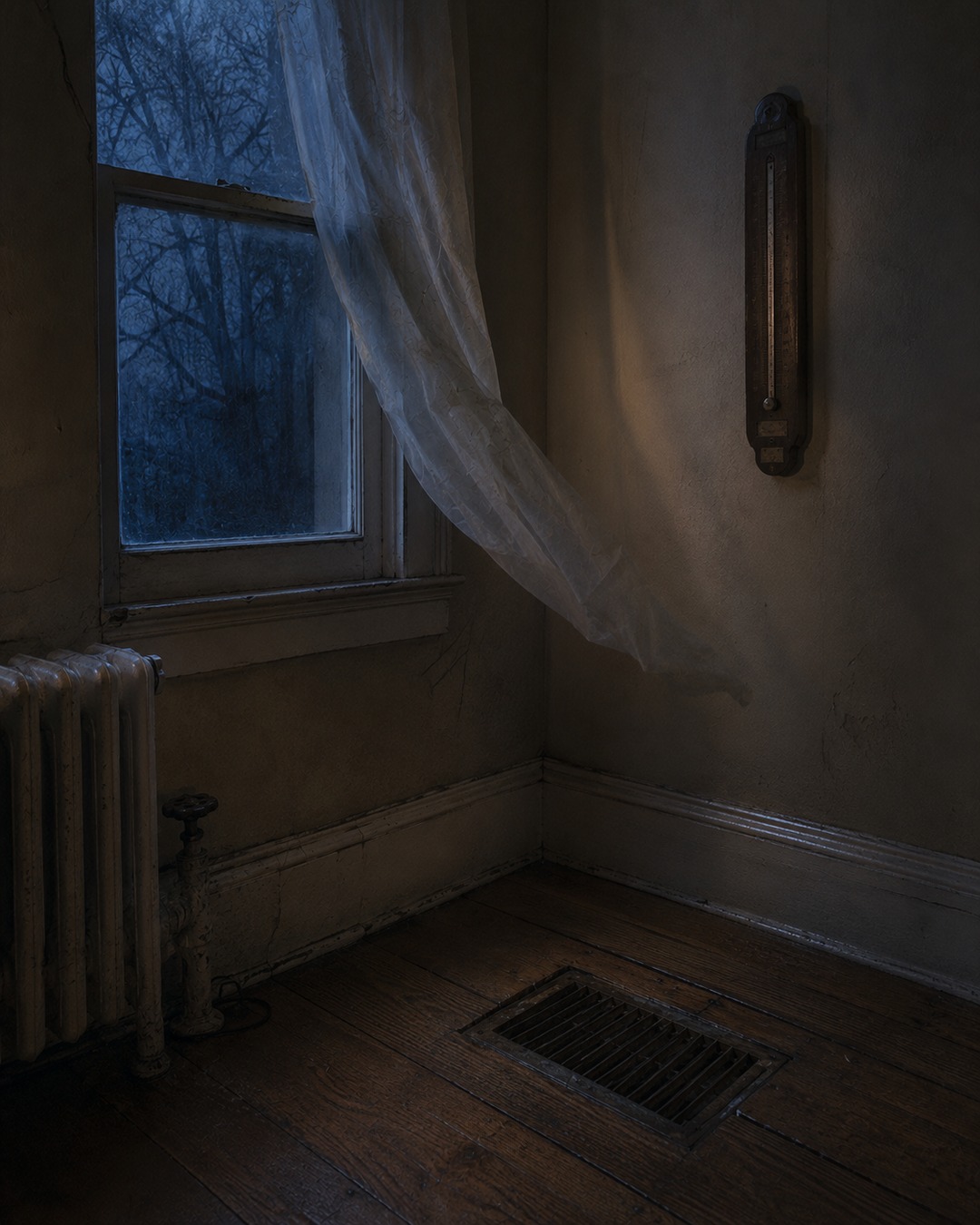 Editorial illustration of a drafty window, vent and cold exterior wall in an old room.