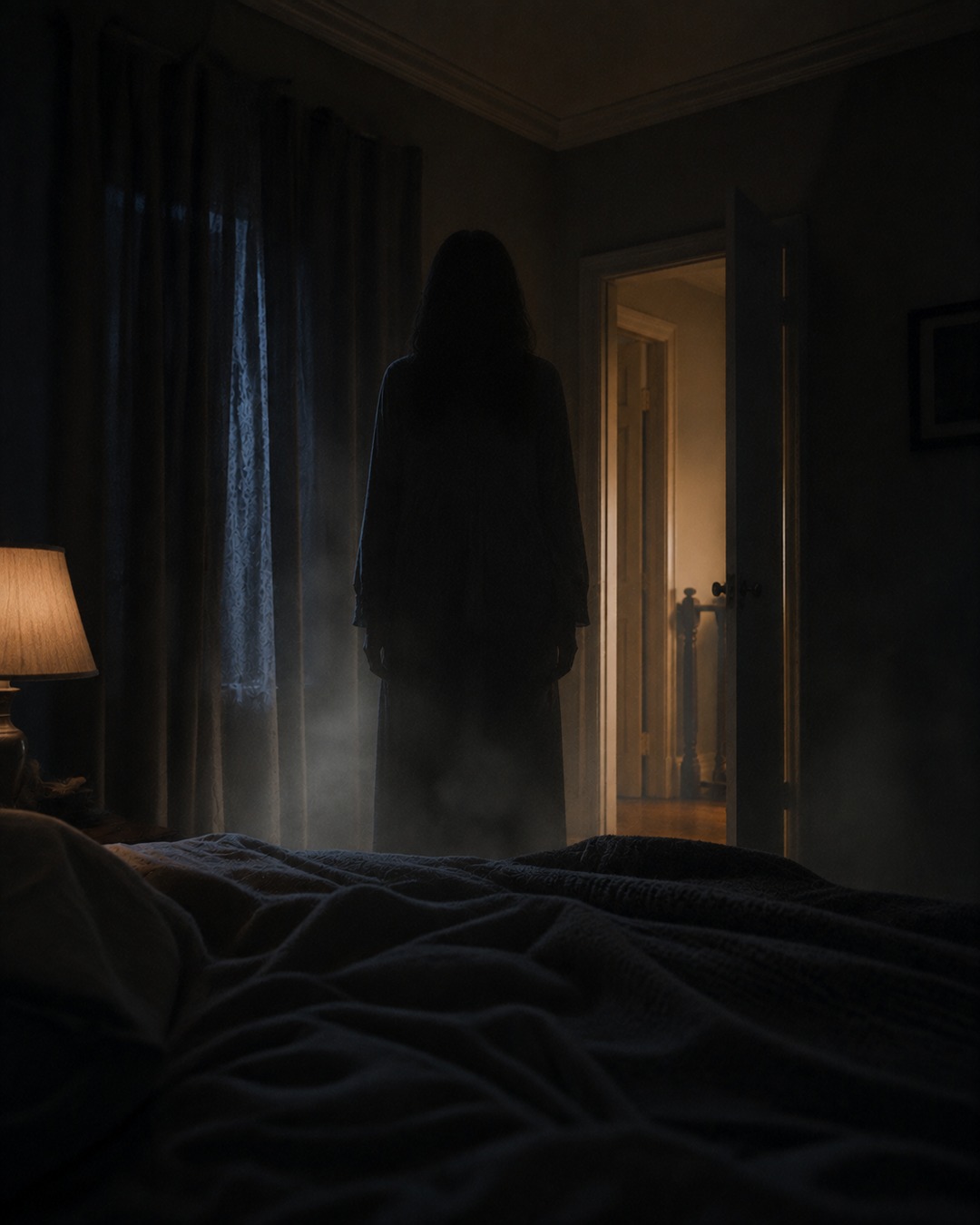 Editorial illustration of a bedroom doorway cold spot with a dark human-shaped presence near the foot of a bed.