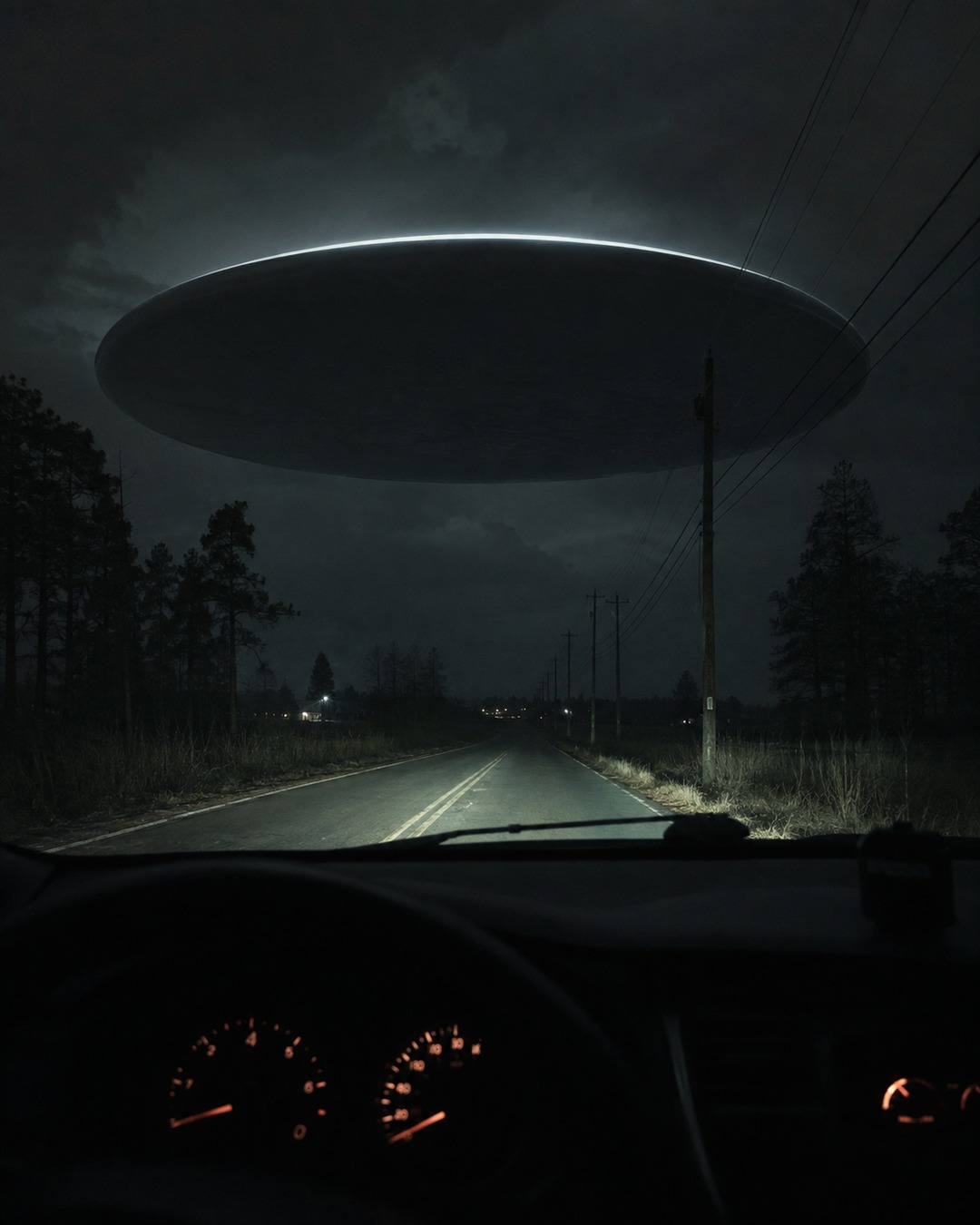 Editorial illustration of a stopped car under a massive silent UAP with the dashboard clock glowing.
