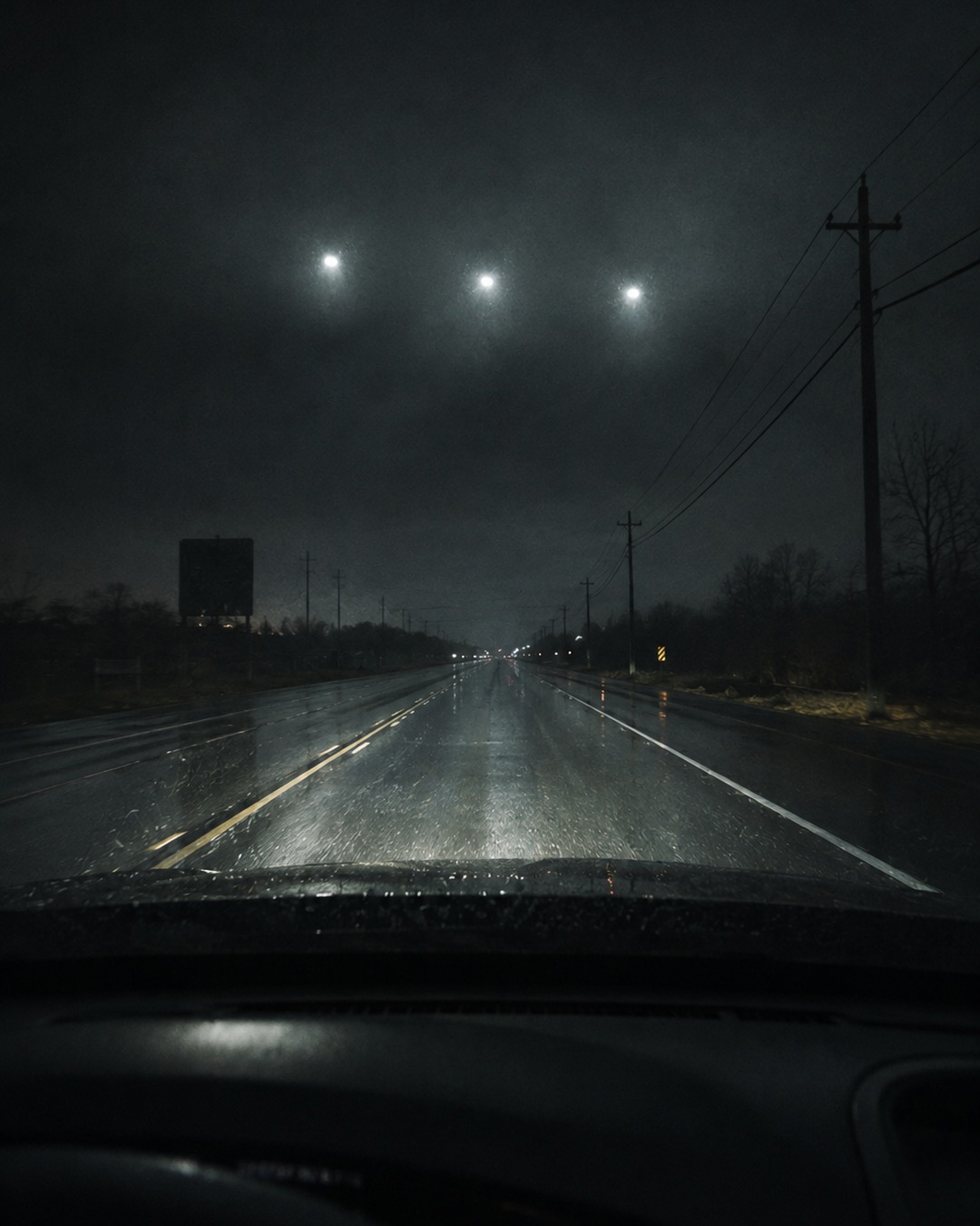 Editorial illustration of an empty wet highway under strange stationary lights.