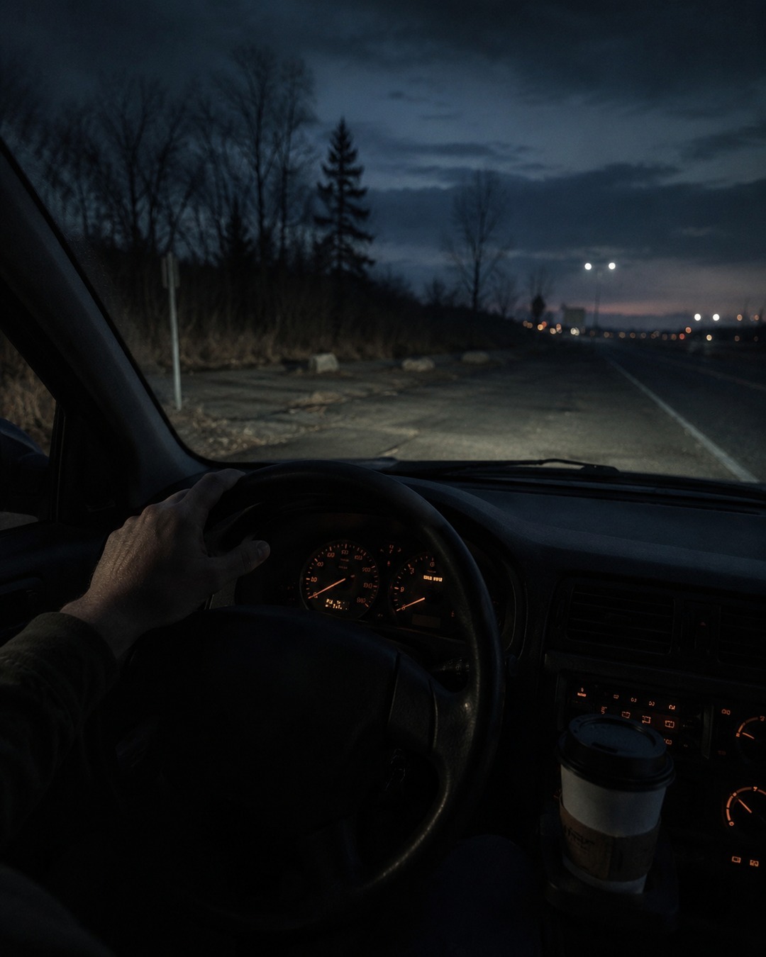 Editorial illustration of a tired driver stopped at a dark roadside with dashboard glow and distant aircraft lights.