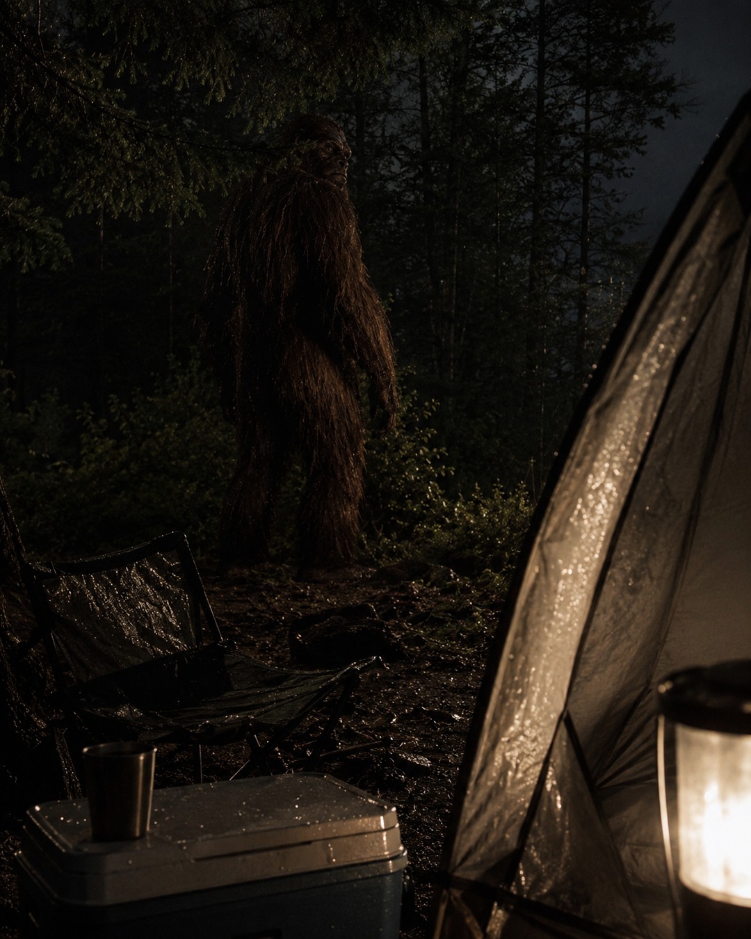 Editorial illustration of a huge Bigfoot-like figure near a campsite after a sudden forest sound.