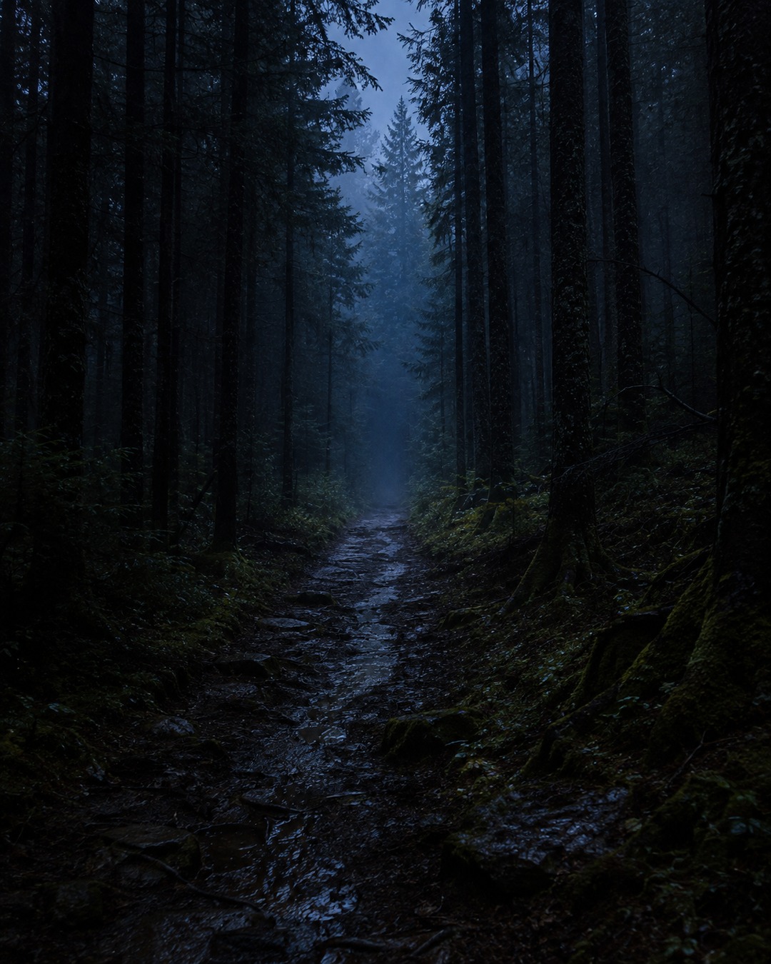 Editorial illustration of a silent forest trail with animals absent and deep treeline shadows.