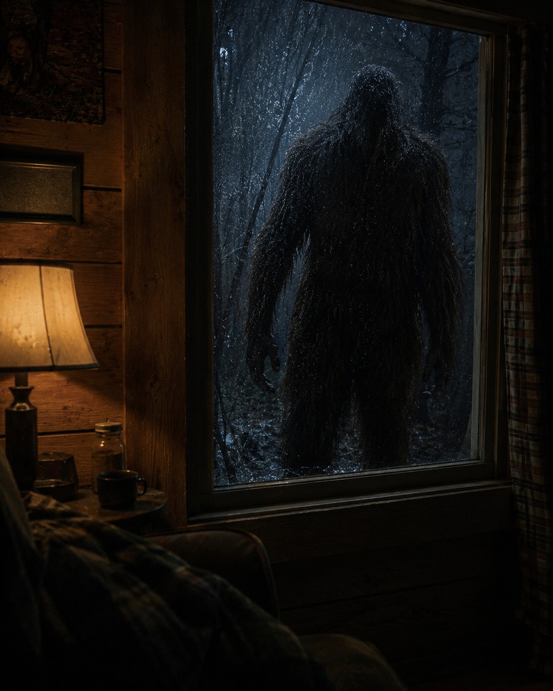 Editorial illustration of a huge hairy figure close outside a cabin window at night.