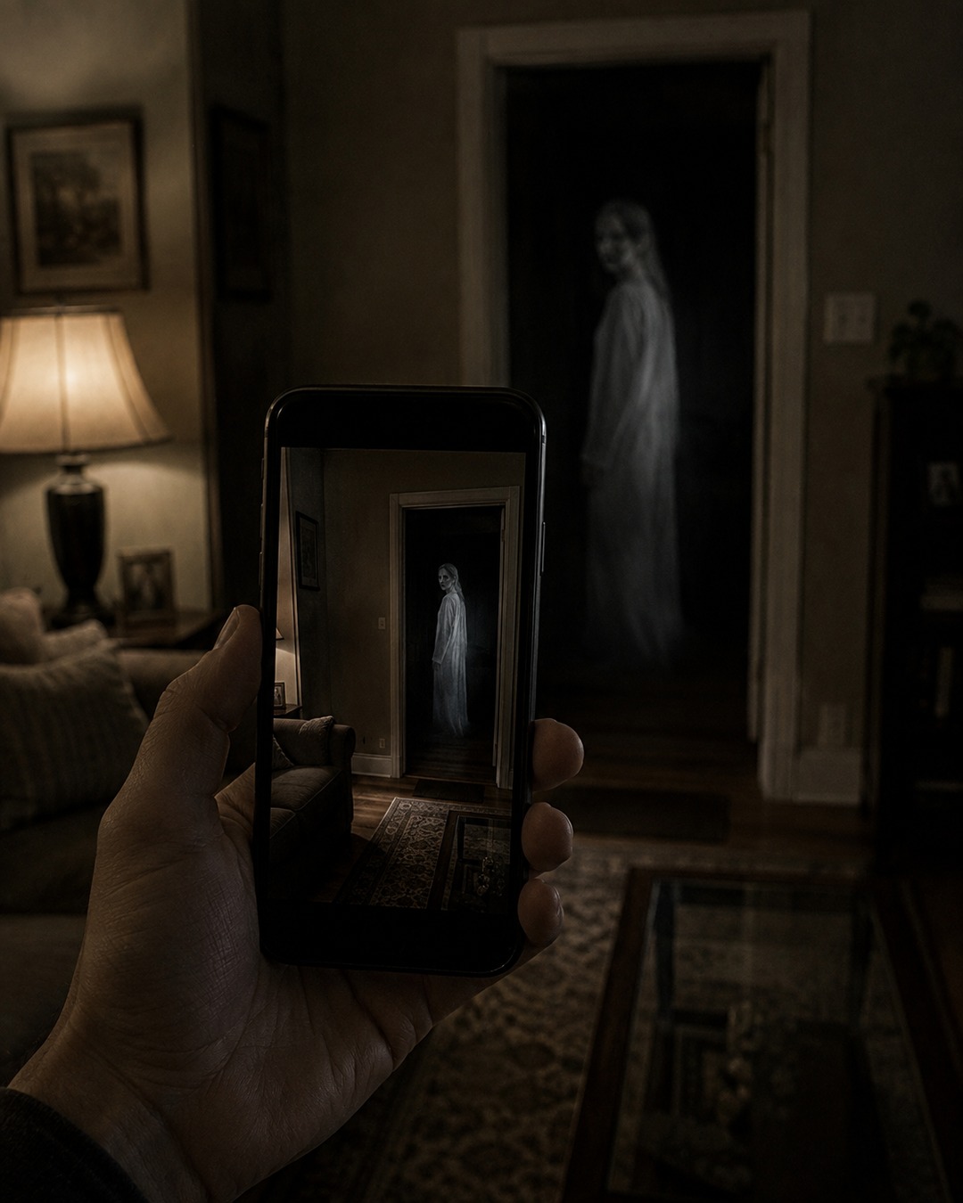 Editorial illustration of a phone photograph showing a pale apparition near a doorway while the real room remains ordinary.
