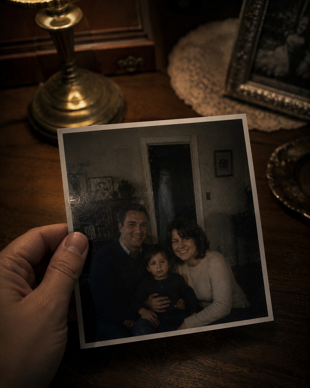 Editorial illustration of an old family photo on a table with a pale figure visible in the background doorway.