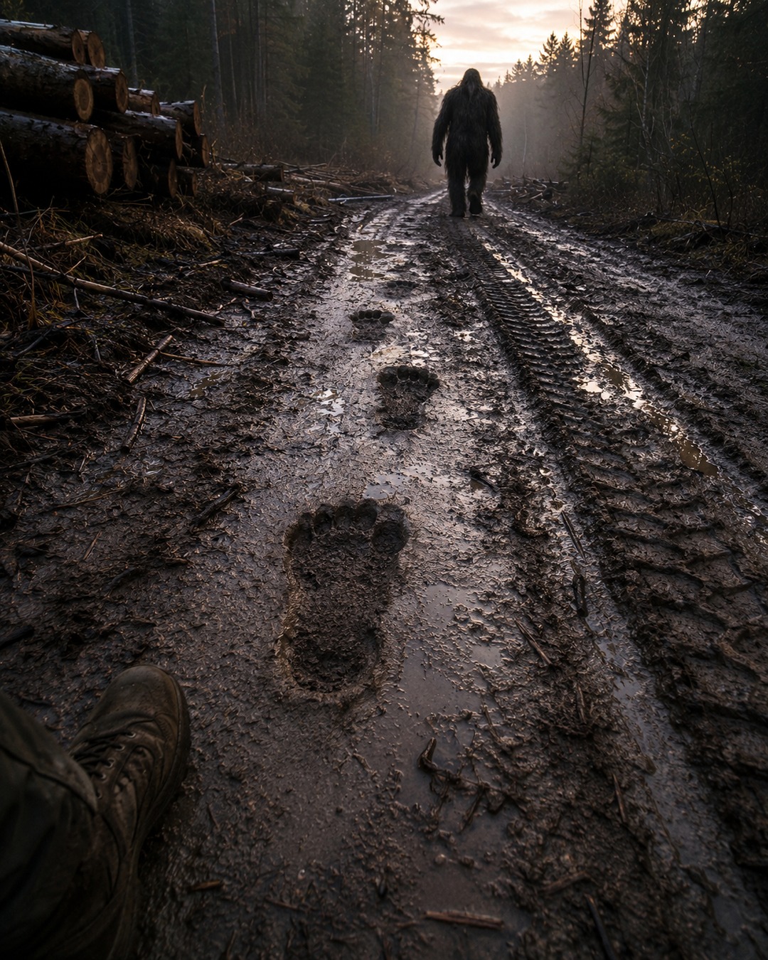 Editorial illustration of a huge Bigfoot-like figure walking away beyond a line of deep muddy tracks.