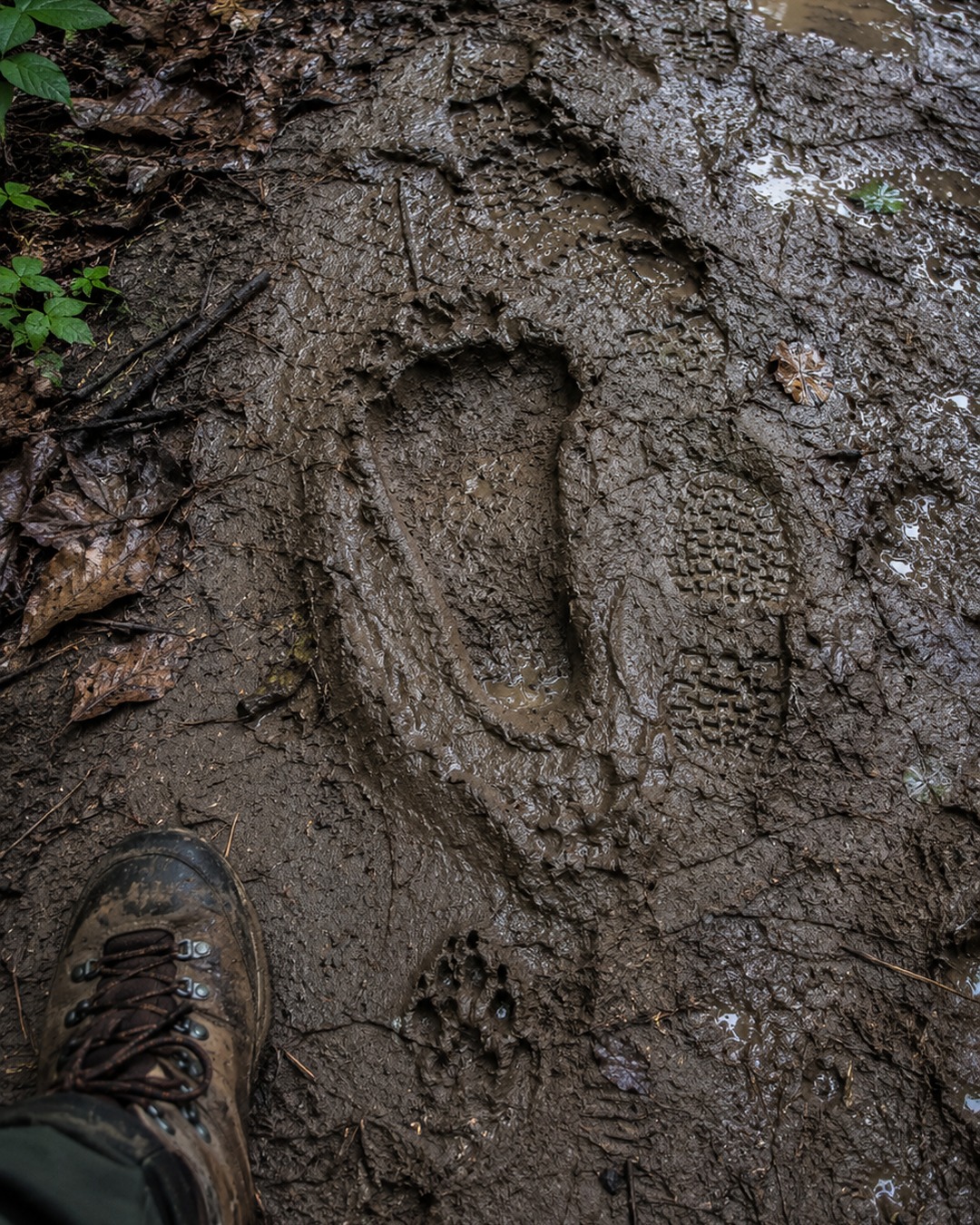 Editorial illustration of mud, collapsing edges and deformed animal/human tracks on a trail.