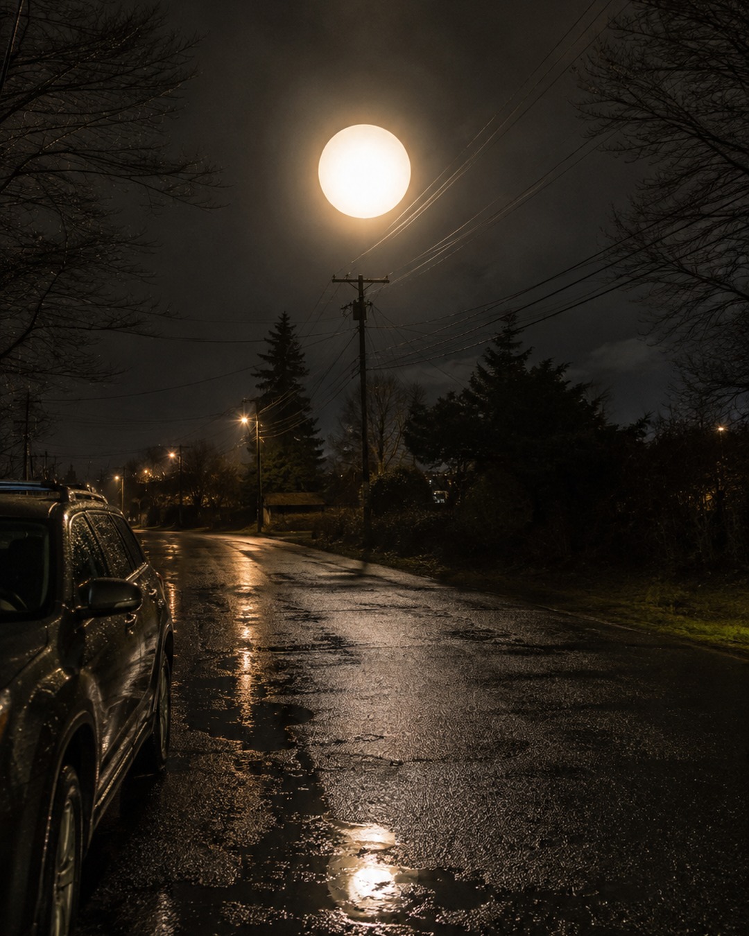 Editorial illustration of a huge silent orb-like UAP hovering low above utility poles near a roadside.