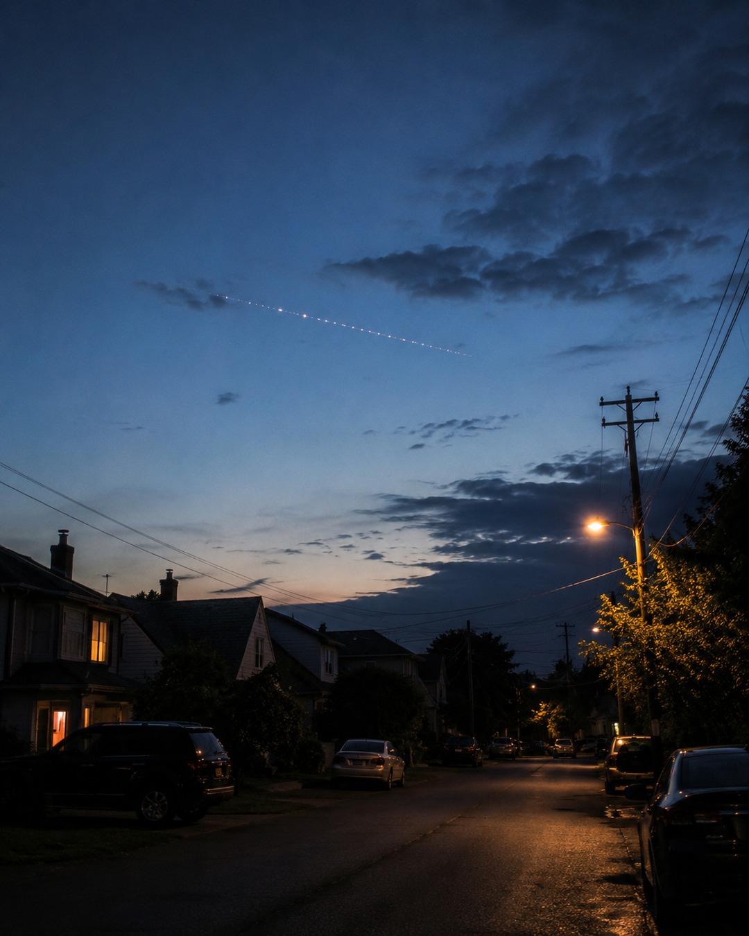 Editorial illustration of an aircraft-like light path far above houses, showing distance and sound uncertainty.