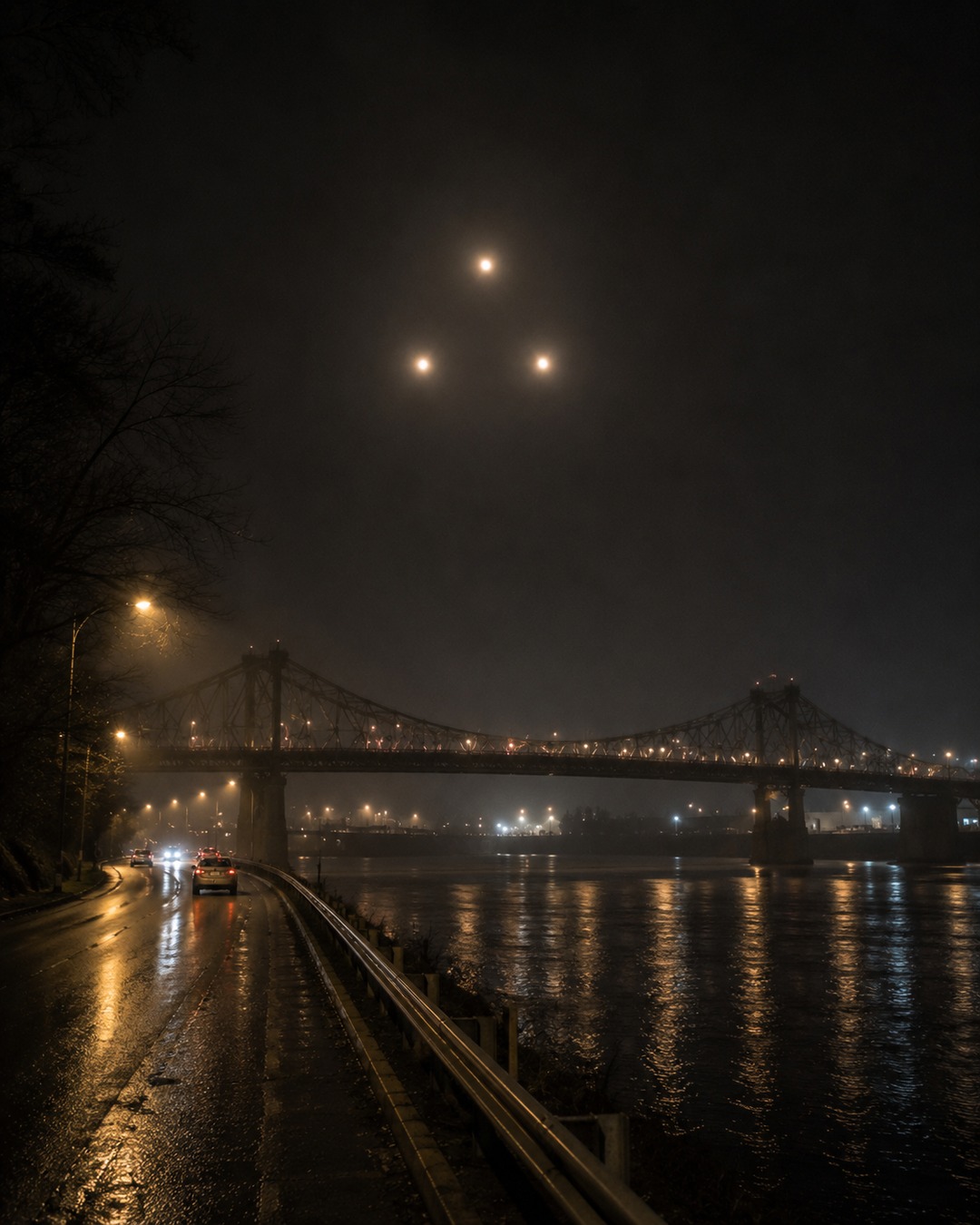 Editorial illustration of three bright lights fixed above a bridge while traffic passes below.