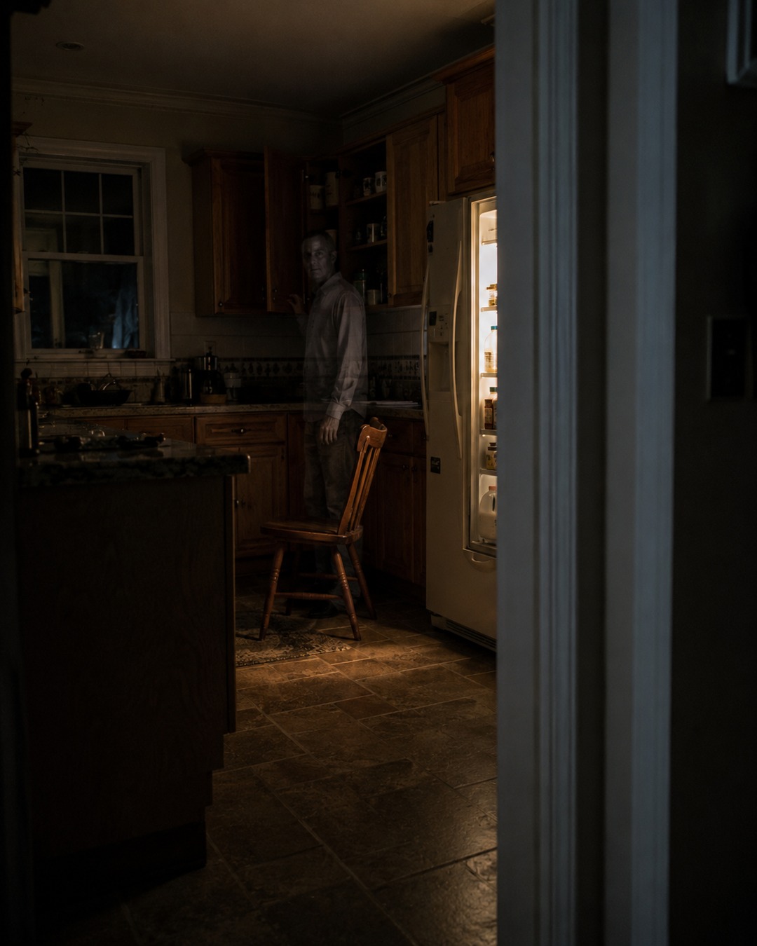 Editorial illustration of a pale apparition standing beside a half-open kitchen cabinet at night.