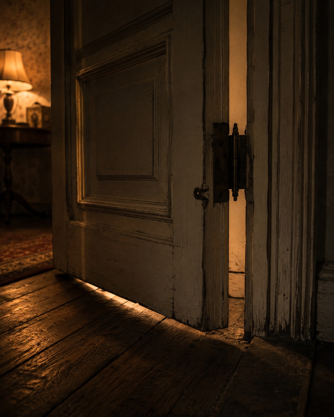Editorial illustration of an old door latch, sloped floor and hinge gap in lamplight.