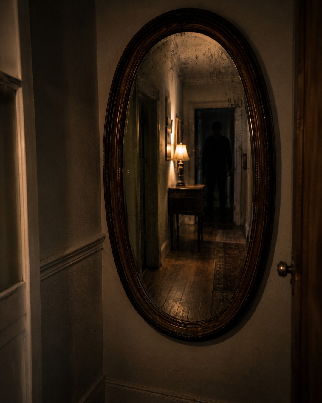Editorial illustration of a dark human-like figure visible only in a hallway mirror.