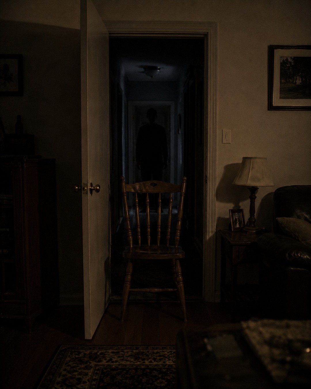 Editorial illustration of a chair moved into a doorway while a shadowy figure stands beyond it.