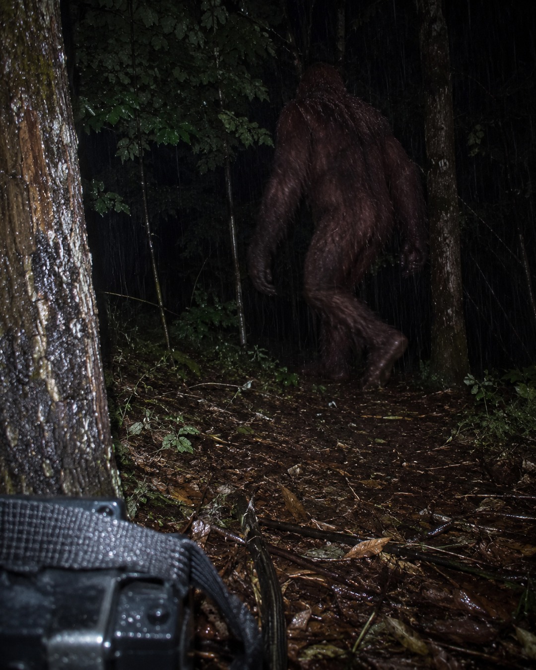 Editorial illustration of a tall Bigfoot-like figure stepping past a trail camera in forest rain.