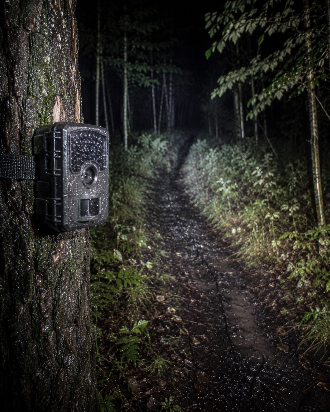 Editorial illustration of a trail camera strapped to a tree facing a dark animal path.