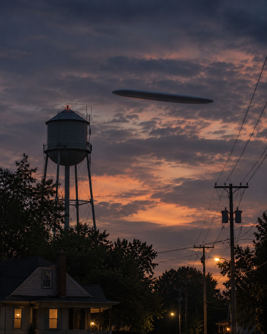 Editorial illustration of a cigar-shaped dark object above a water tower at dusk.