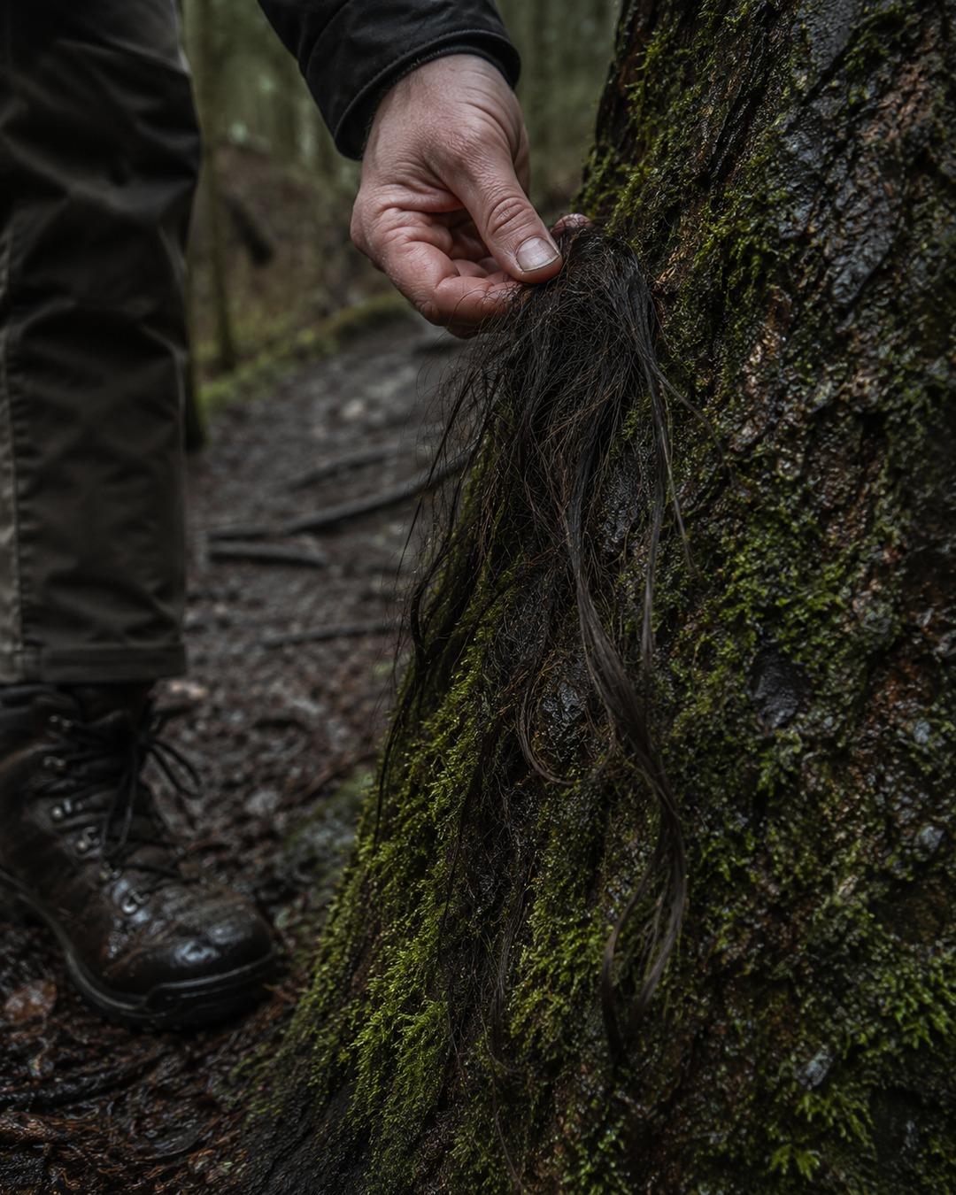 Editorial illustration of dark hair caught on rough bark beside a forest trail.