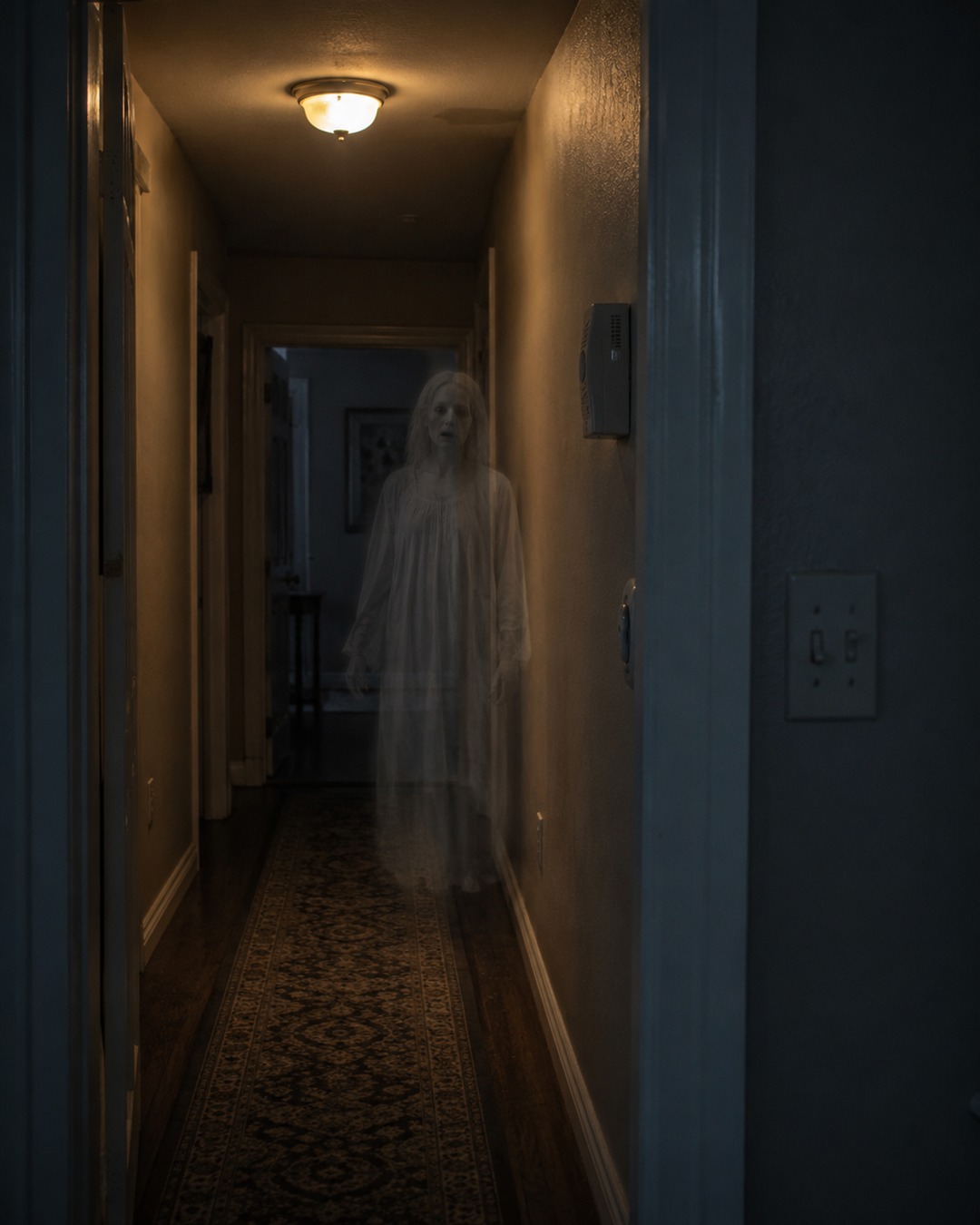 Editorial illustration of a pale apparition standing near a flickering hallway light and doorbell chime box.