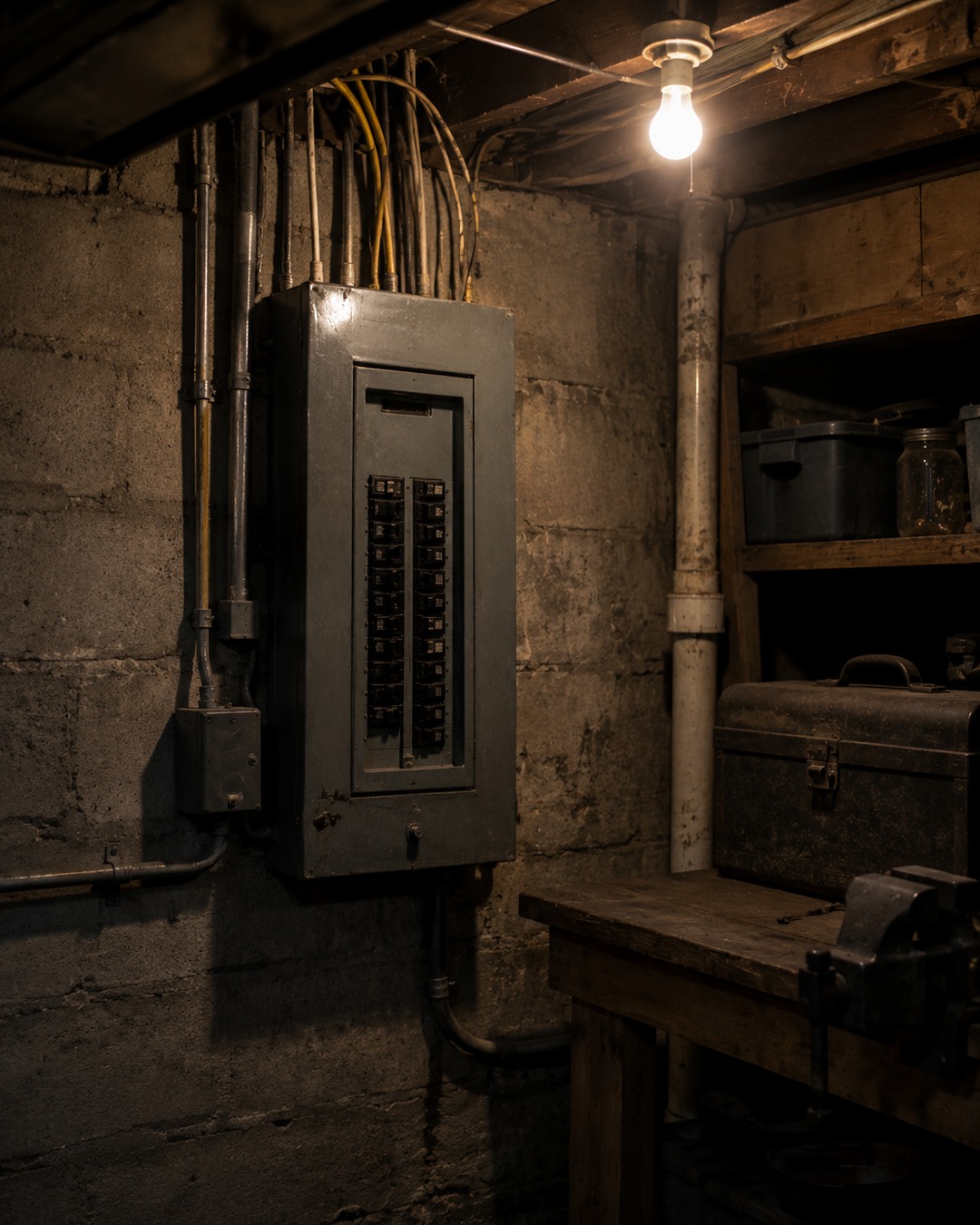 Editorial close view of old wiring, breaker panel and flickering bulb in a basement utility area.