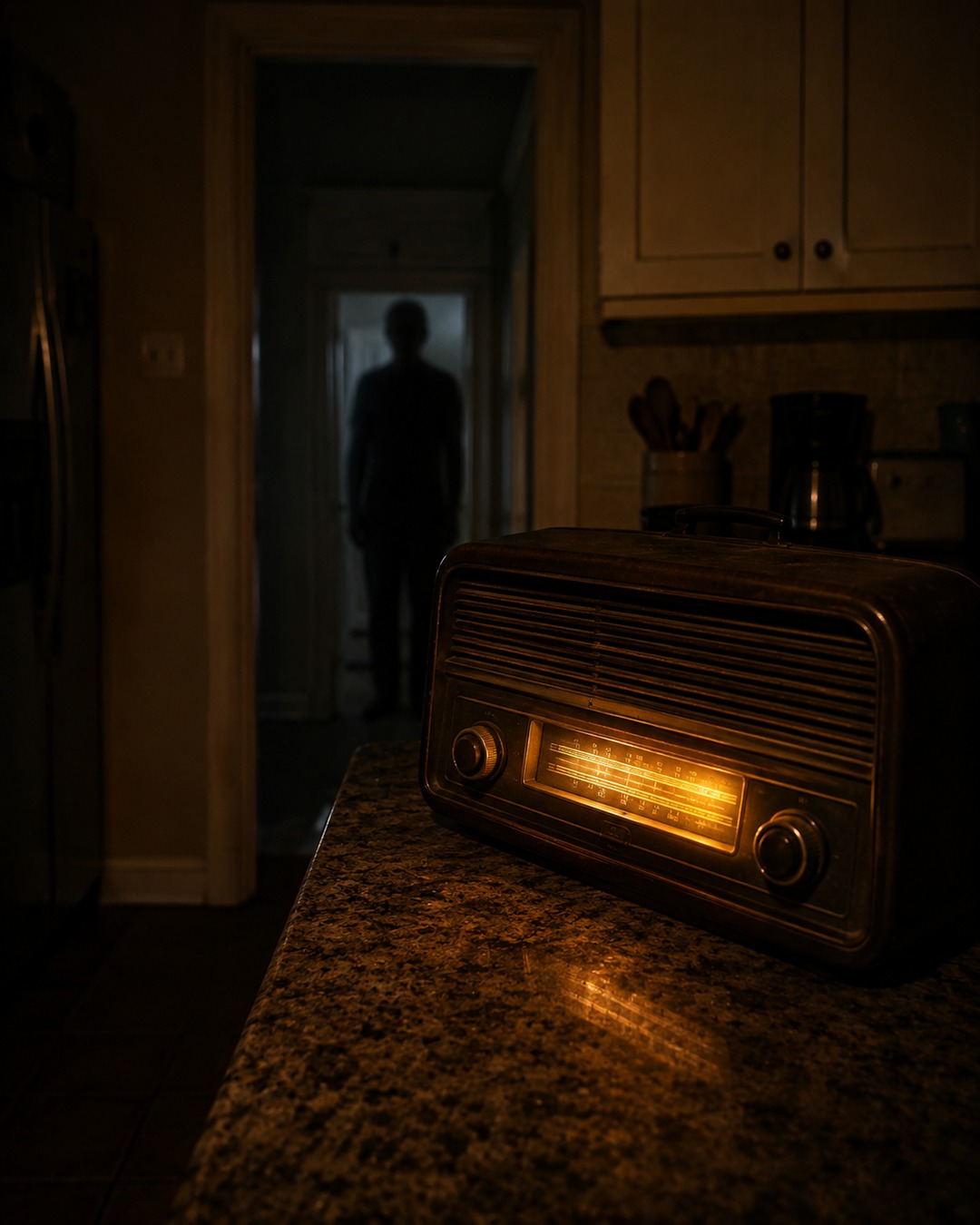 Editorial illustration of an old radio glowing in an empty kitchen while a shadow stands in the doorway.