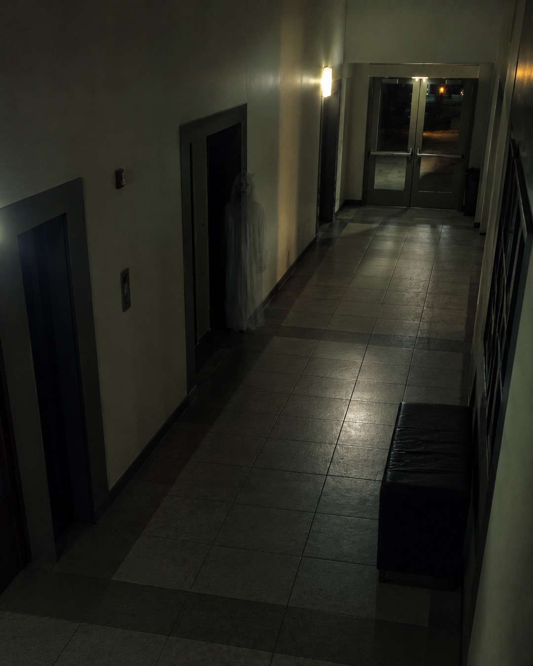 Editorial illustration of a pale human-shaped apparition visible in a public-building corridor without fake CCTV UI.