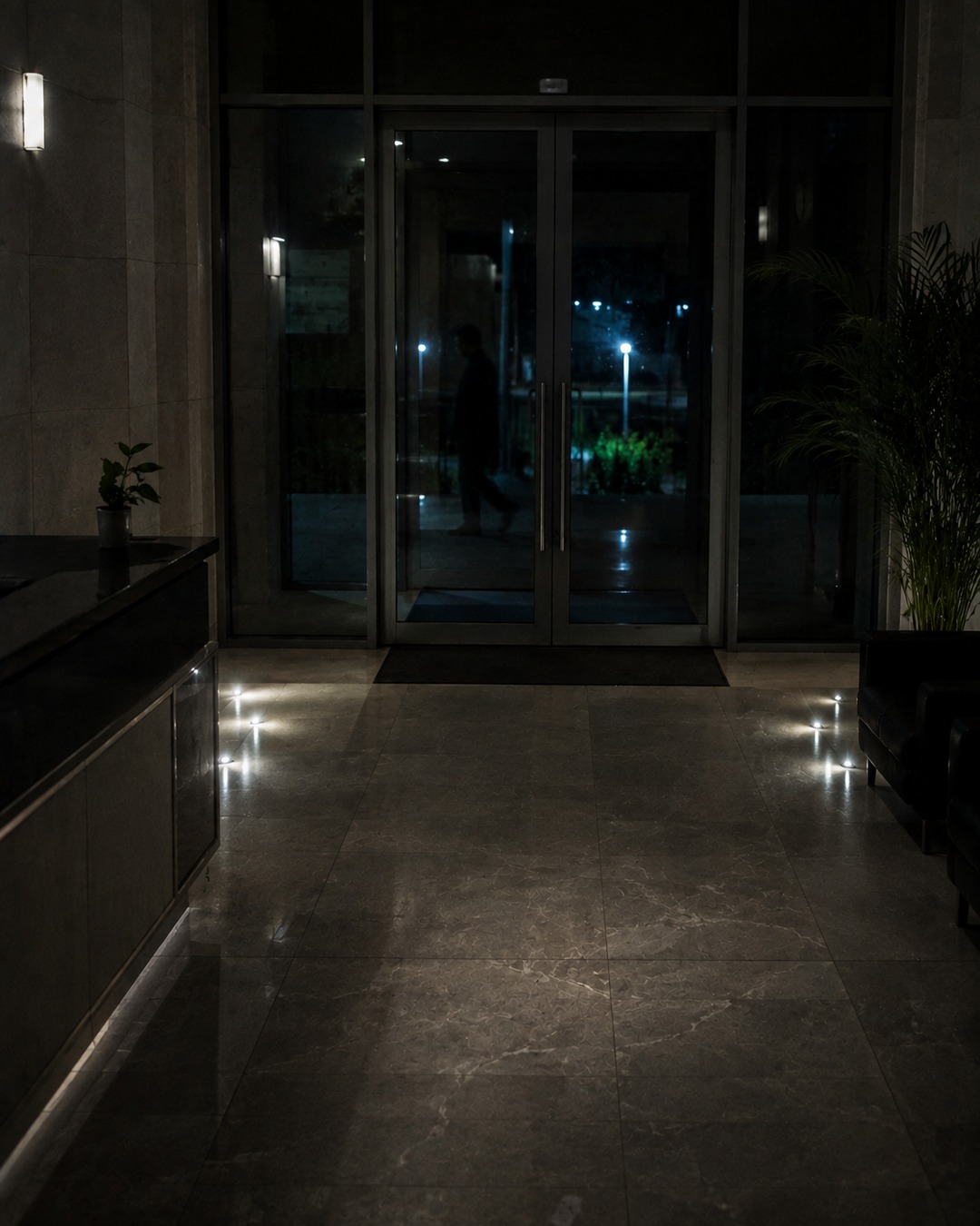 Editorial illustration of a shadowy figure crossing behind glass in a lobby-like hallway.