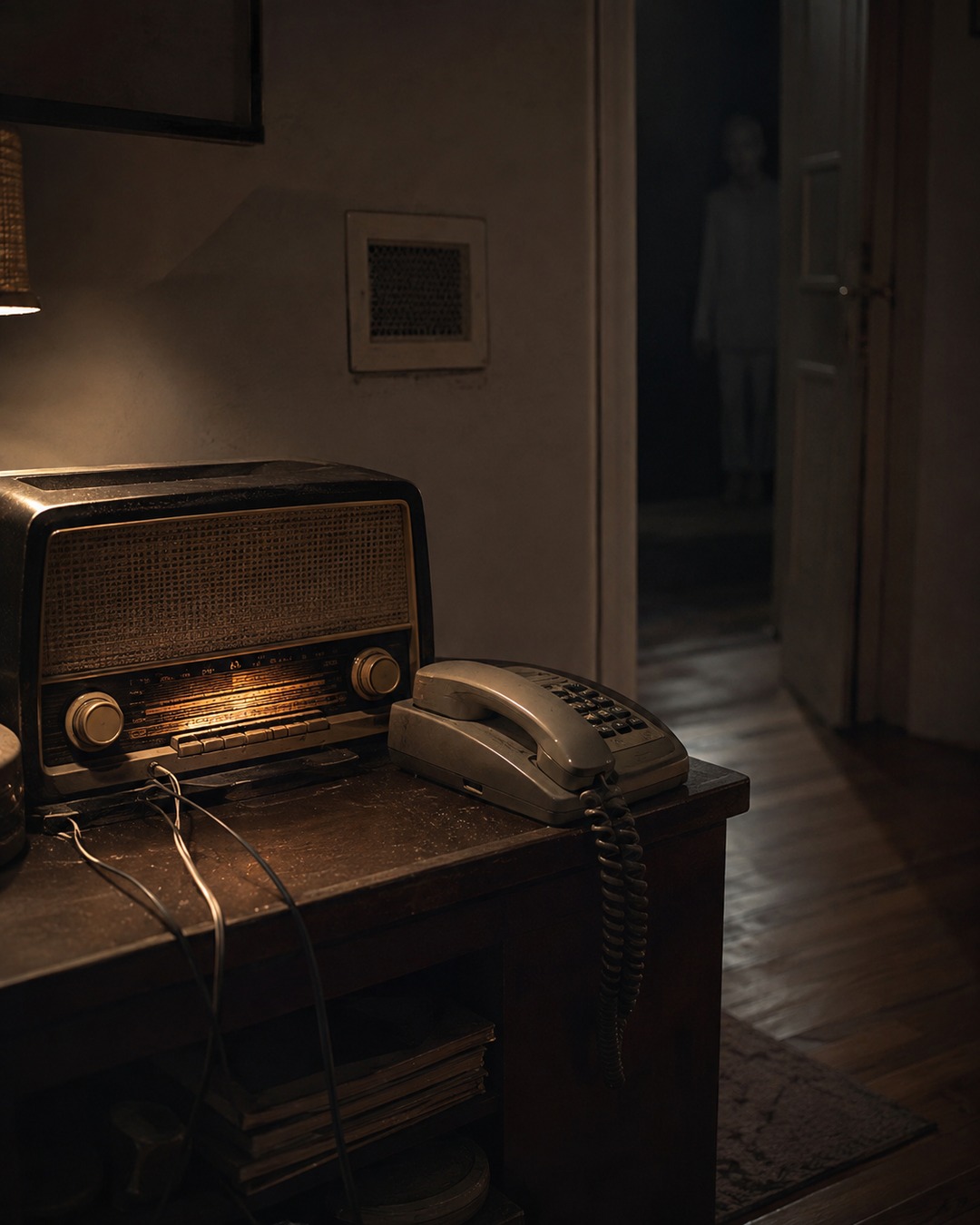 Editorial illustration of an old radio and phone in a dim room used to discuss phantom voice and audio anomaly reports.