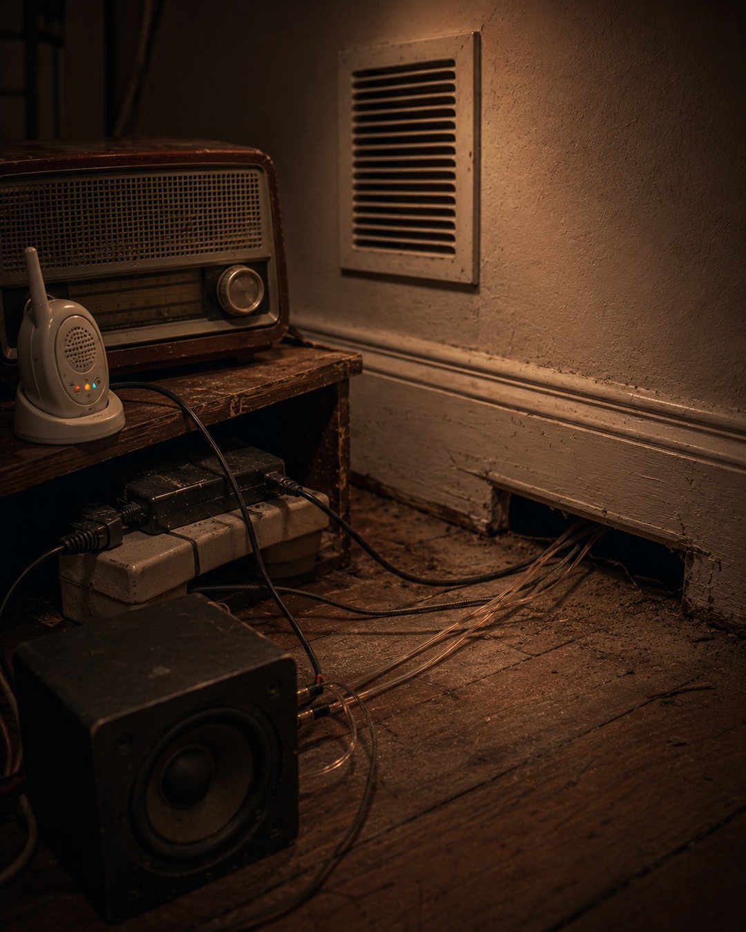 Editorial support image of radios, speakers, vents and wires showing ordinary audio-interference checks.