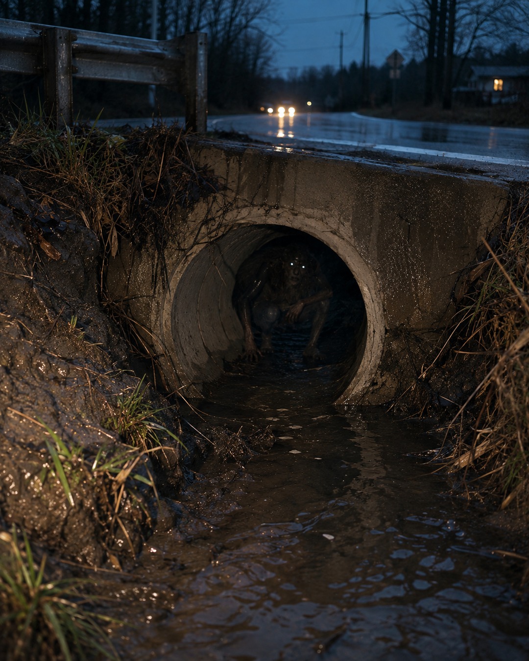 Editorial illustration of a dark culvert and possible creature shape used to discuss urban cryptid reports.