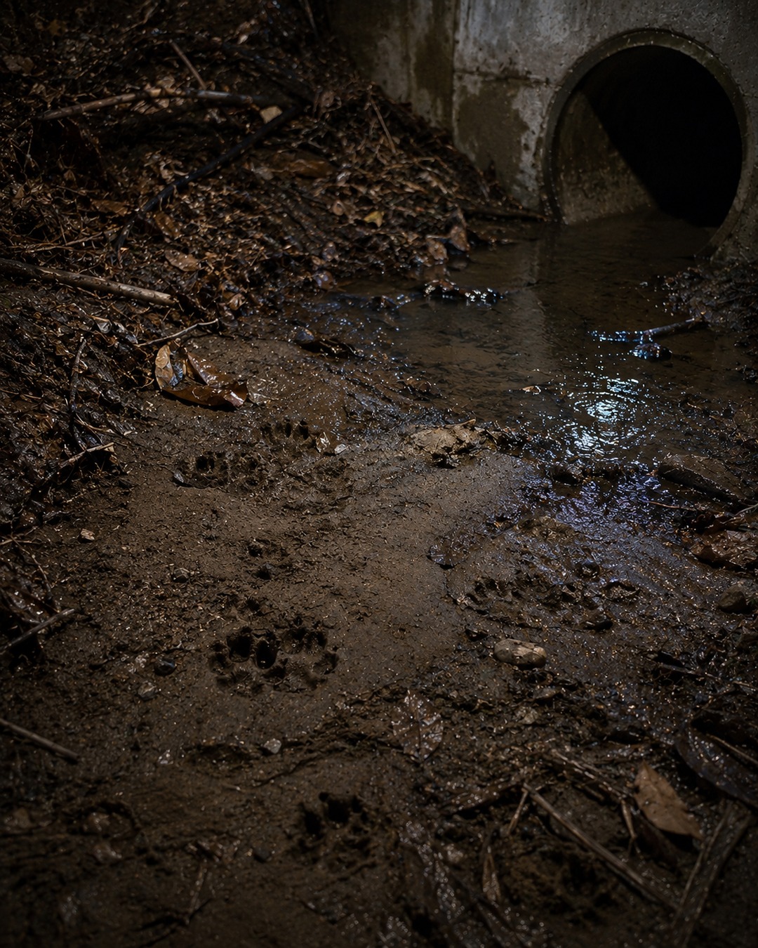 Editorial support image of mud, tracks and waterline debris near a storm drain used to explain report context.