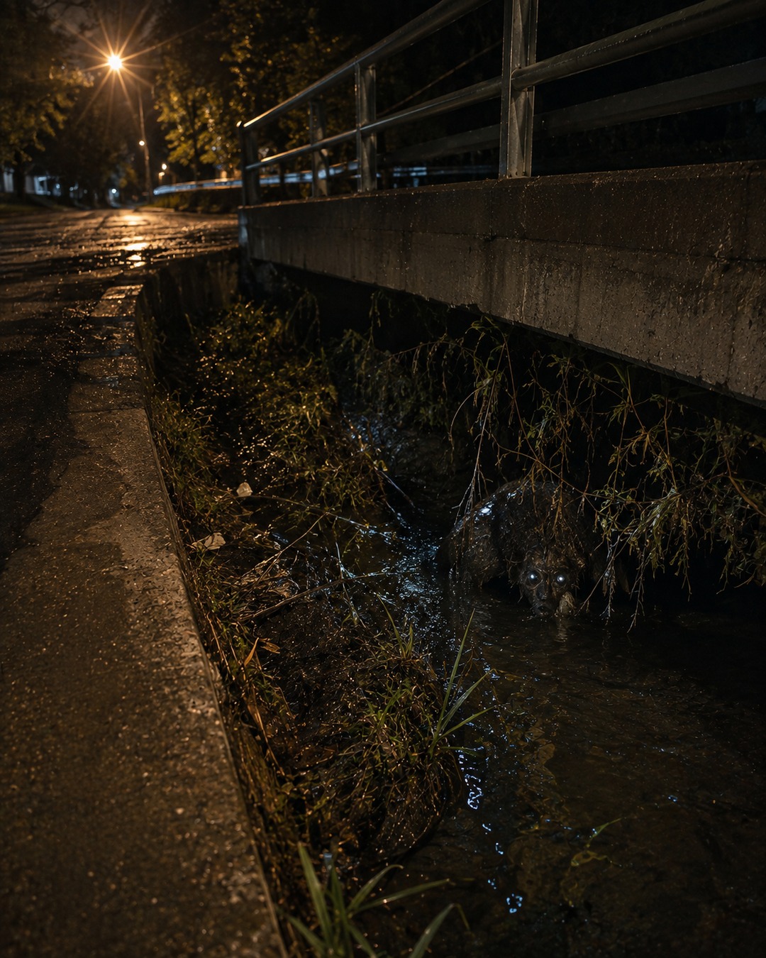 Editorial illustration of reflected eyeshine in a drainage ditch used to show urban cryptid sighting ambiguity.