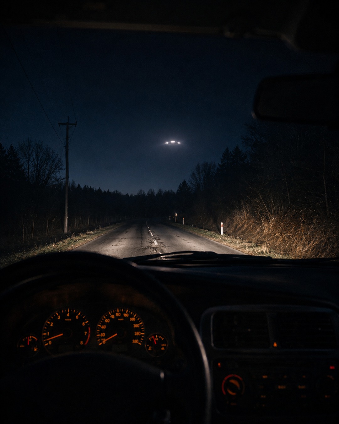 Editorial illustration of a stopped car under an unidentified sky light used to discuss UFO vehicle-effect reports.
