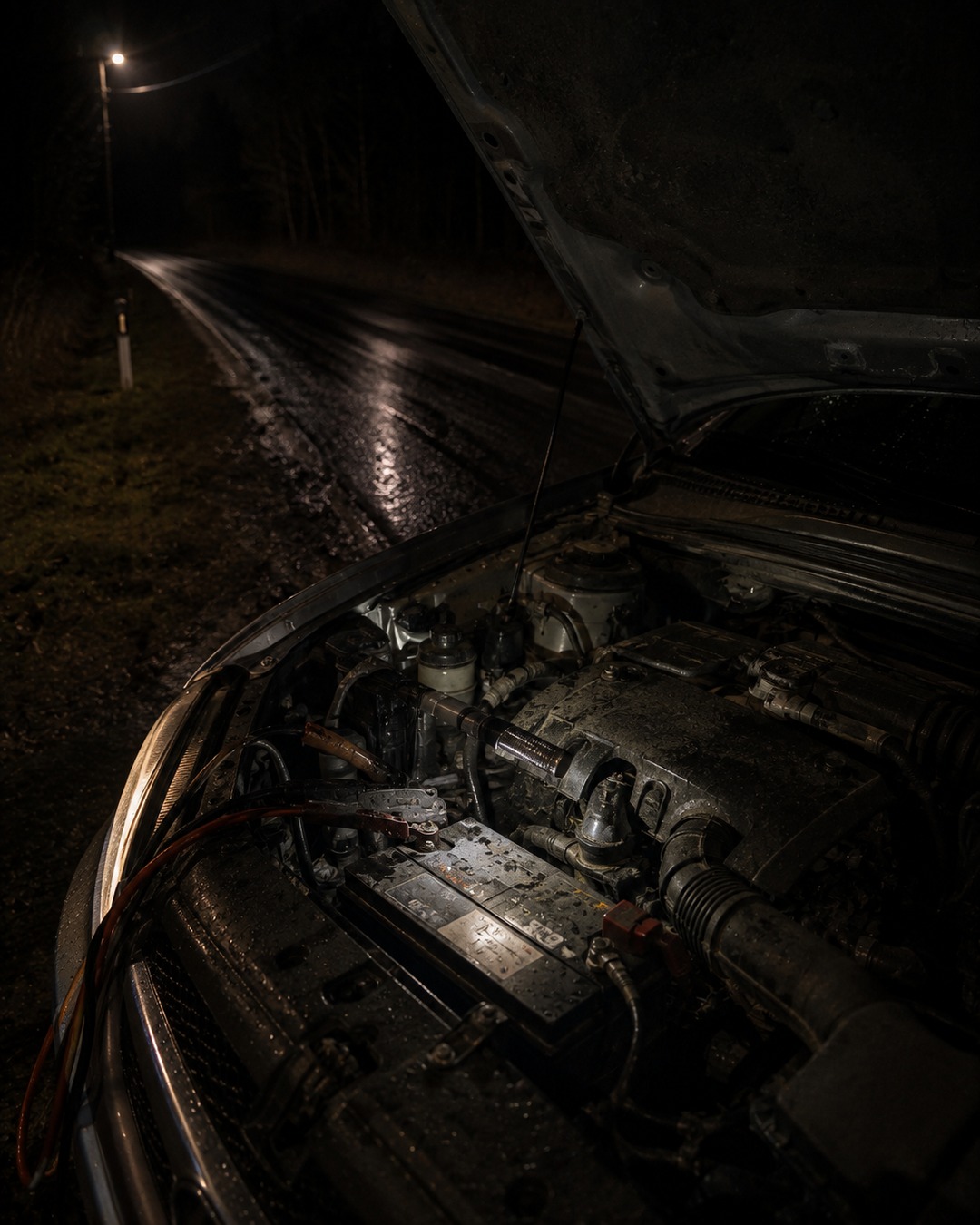 Editorial support image of car engine and battery context used to explain ordinary vehicle failures in UFO reports.