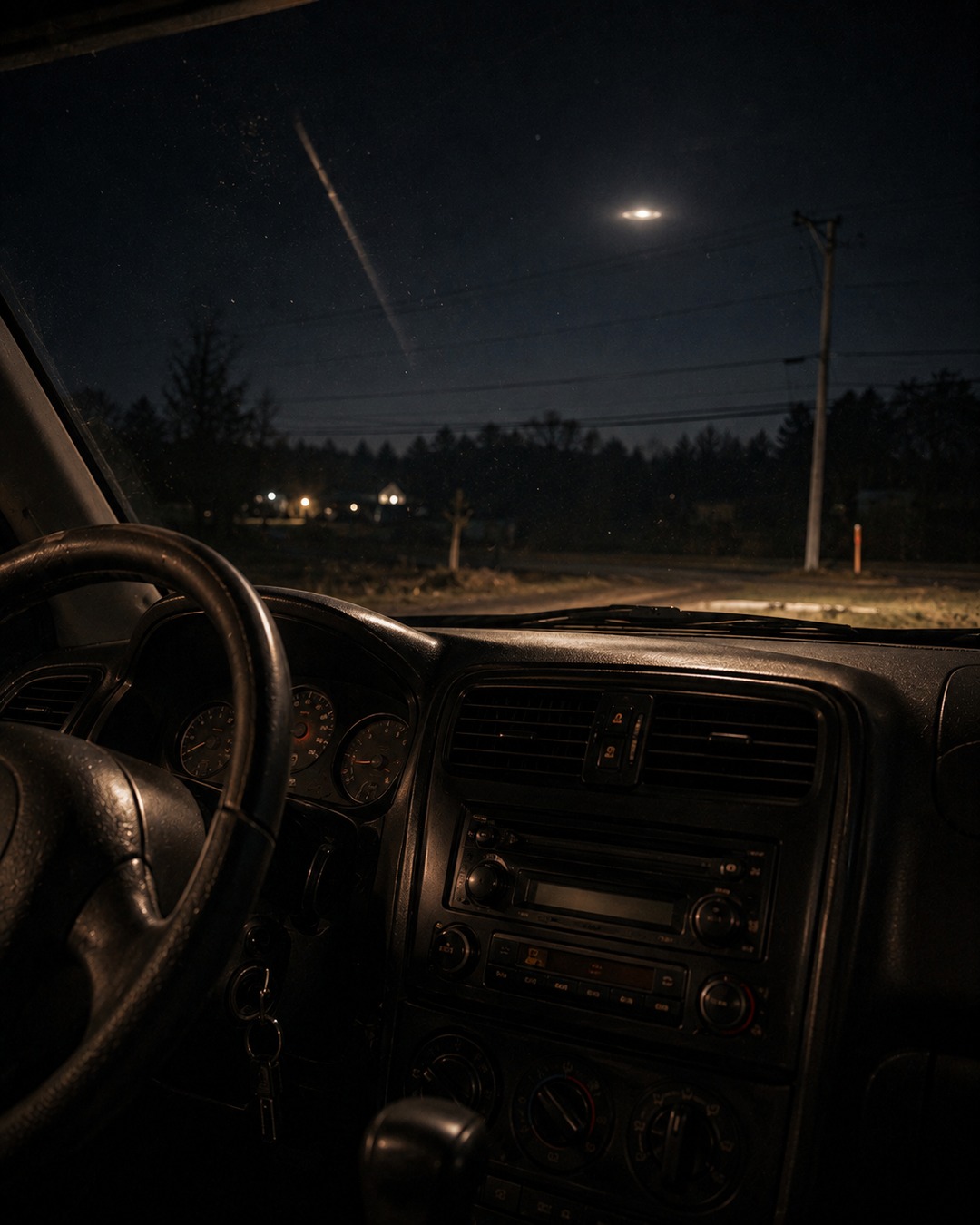 Editorial illustration of a car radio and dashboard during an ambiguous night-sky sighting.