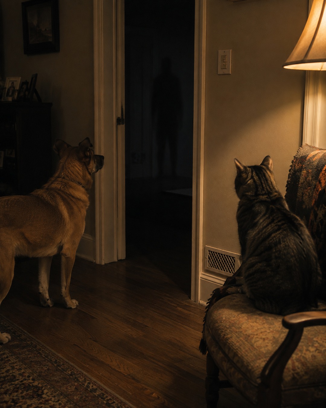 Editorial illustration of household pets reacting to a dark doorway before a paranormal report is interpreted.
