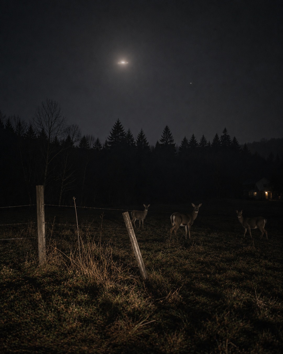 Editorial support image of a quiet rural field and animals under an ambiguous sky light.