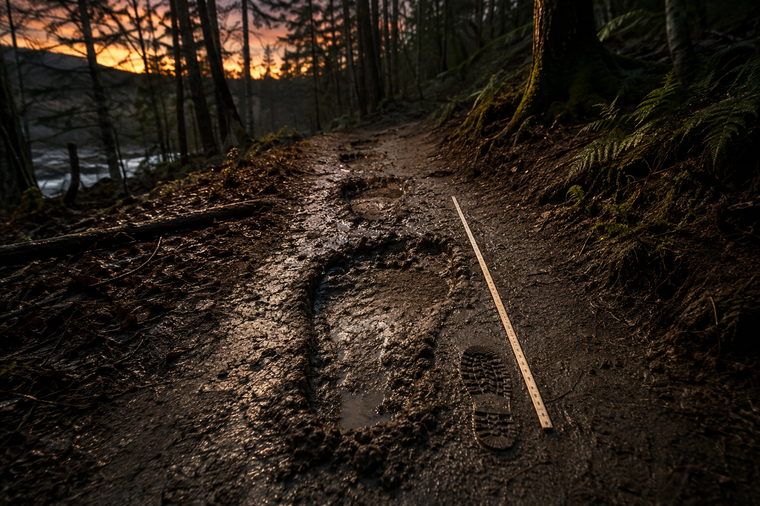 Cinematic editorial reconstruction of uncertain large footprints on a muddy forest trail