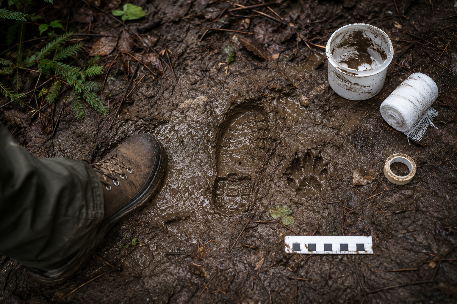 Premium supporting visual of trackway documentation context with scale and comparison marks
