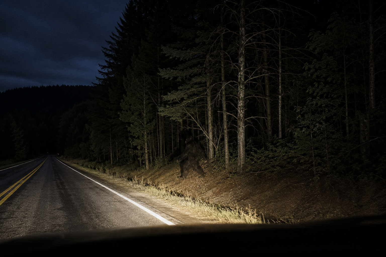 Cinematic editorial reconstruction of a large dark hairy figure briefly crossing a rural road near a tree line