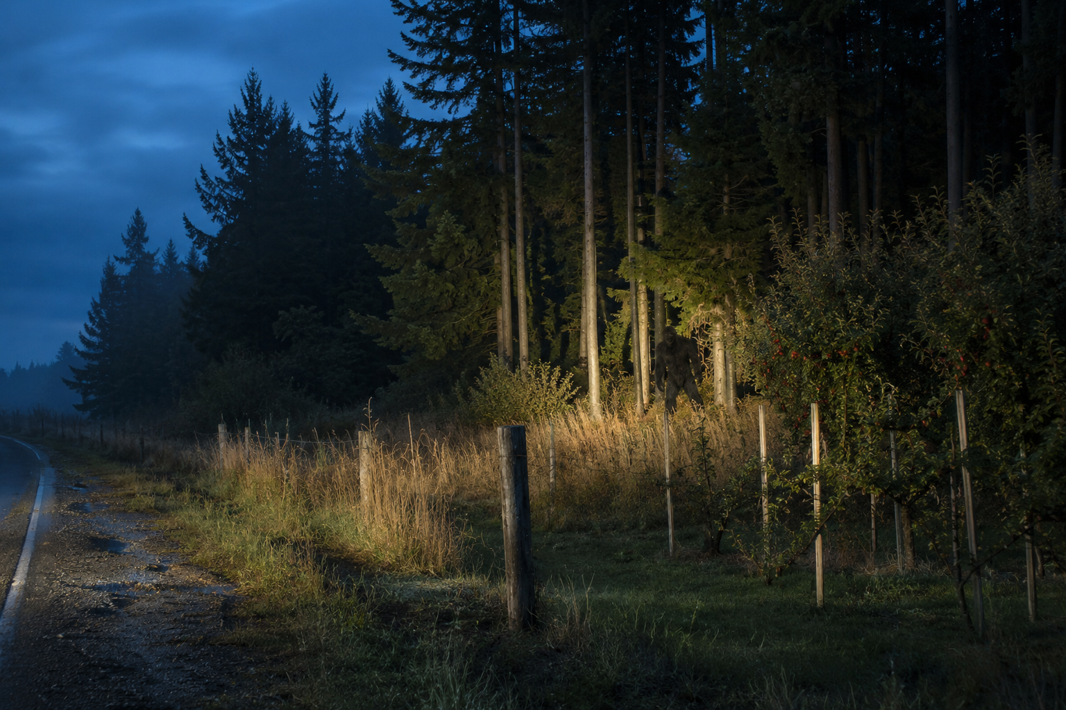 Supporting editorial reconstruction showing a rural tree line, field-edge scale clues and a partly hidden upright figure