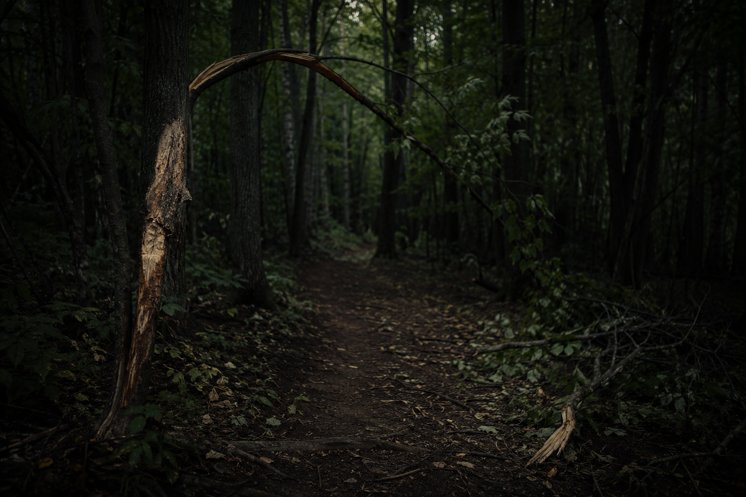 Cinematic editorial reconstruction of bent trees and broken branches in dark woods